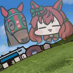 Rule 34 | 1girl, animal ears, barn, bow, brown hair, chibi, closed eyes, cloud, commentary, creature and personification, dual persona, ear covers, grass, grasslands, hair bow, hill, horse, horse ears, horse girl, initial, jazz jack, lowres, medium hair, nice nature (racehorse), nice nature (umamusume), projected inset, real life, real world location, sky, twintails, umamusume