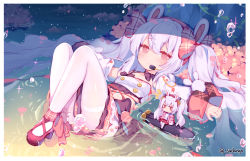 Rule 34 | 1girl, animal ears, azur lane, bow, closed mouth, expressionless, hair between eyes, hair bow, headset, knees up, laffey (azur lane), laffey (bunny idol @unmotivated) (azur lane), long hair, looking at viewer, lying, mini person, minigirl, on back, pantyhose, pink eyes, plaid, plaid bow, rabbit ears, red bow, silver hair, solo, sudango, thighband pantyhose, water drop, white pantyhose