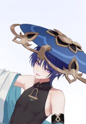 Rule 34 | 1boy, bare shoulders, bishounen, blue background, blue hair, blue hat, chobonu, collarbone, genshin impact, gold trim, gradient background, hat, highres, japanese clothes, looking at viewer, male focus, off shoulder, purple eyes, scaramouche (genshin impact), short hair, sidelocks, solo, toned, toned male, upper body, wanderer (genshin impact), white background
