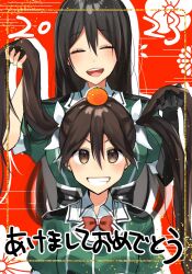 Rule 34 | 2girls, akeome, black gloves, black hair, bow, bowtie, brown hair, chikuma (kancolle), closed eyes, commentary request, elbow gloves, facing viewer, food, food on head, fruit, fruit on head, gloves, green jacket, grin, hair between eyes, hair ribbon, hand in another&#039;s hair, hands in hair, happy new year, highres, holding, holding another&#039;s hair, holding hair, jacket, kantai collection, katsuobushi (eba games), long hair, looking at viewer, mandarin orange, multiple girls, new year, object on head, open mouth, red bow, red bowtie, ribbon, single elbow glove, single glove, smile, teeth, tone (kancolle), tone kai ni (kancolle), twintails, upper body, upper teeth only