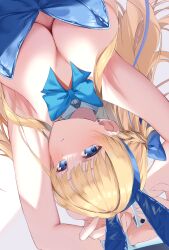 Rule 34 | 1girl, animal ears, armpits, arms up, blonde hair, blue archive, blue bow, blue bowtie, blue hairband, blue leotard, blush, bow, bowtie, breasts, cleavage, closed mouth, commentary, detached collar, earrings, fake animal ears, hairband, highres, jewelry, kurogane tekki, large breasts, leotard, long hair, looking at viewer, lying, on back, playboy bunny, rabbit ears, solo, strapless, strapless leotard, stud earrings, toki (blue archive), toki (bunny) (blue archive), upper body, upside-down
