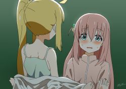 Rule 34 | 2girls, aayh, ahoge, bare shoulders, blonde hair, blue camisole, blush, bocchi the rock!, camisole, commentary request, facing away, gotoh hitori, green background, cube hair ornament, hair ornament, hands up, ijichi nijika, jacket, long hair, long sleeves, looking at another, multiple girls, off shoulder, one side up, open clothes, open shirt, parted lips, pink hair, pink jacket, shirt, sidelocks, signature, simple background, sleeves past wrists, sweat, track jacket, undressing, wavy mouth, white shirt, yuri