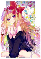 Rule 34 | 1girl, :d, absurdres, bare shoulders, bikini, black jacket, blonde hair, blush, bow, feet out of frame, flandre scarlet, hat, hat bow, highres, hinasumire, jacket, long hair, long sleeves, looking at viewer, mob cap, off shoulder, one side up, open mouth, pink bikini, red bow, red eyes, sitting, smile, solo, swimsuit, touhou, very long hair, wings