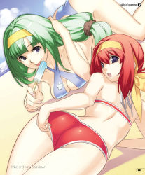 Rule 34 | 2girls, adjusting clothes, adjusting hair, adjusting swimsuit, aiba mikoto, arm support, ass, back, bikini, blue eyes, breast press, breasts, cleavage, cross edge, food, green hair, hairband, hirano katsuyuki, licking, long hair, low-tied long hair, medium breasts, meu, meu (spectral souls), mikoto aiba, multiple girls, open mouth, ponytail, popsicle, red hair, short hair, sideboob, spectral (series), spectral souls, swimsuit, tongue