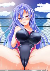 Rule 34 | 1girl, artist request, blue hair, blush, breasts, cameltoe, cleft of venus, highres, iris heart, long hair, neptune (series), red eyes, solo, spread legs, swimsuit