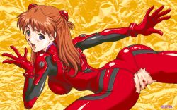 Rule 34 | 1girl, blush, censored, dithering, gegera, looking back, lying, mosaic censoring, neon genesis evangelion, on stomach, open mouth, pc-98 (style), pixel art, plugsuit, purple eyes, pussy, reaching, red hair, solo, souryuu asuka langley, torn clothes