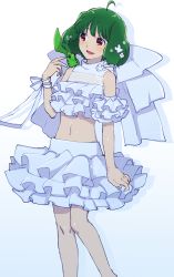 Rule 34 | 1girl, ai-kun, arm strap, blush, bow, chaku (horhor71), cowlick, crop top, eyebrows hidden by hair, fang, gradient background, green hair, halterneck, huge bow, looking down, macross, macross frontier, midriff, navel, on shoulder, open mouth, ranka lee, skin fang, skirt, solo, tail, uta macross sumaho deculture, white bow, white skirt