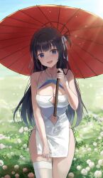Rule 34 | 1girl, absurdres, bare arms, bare shoulders, black hair, blue eyes, breasts, china dress, chinese clothes, cleavage, cleavage cutout, clothing cutout, cowboy shot, day, dress, flower, hair ribbon, hare (hare 1730), highres, holding, holding umbrella, large breasts, long hair, looking at viewer, meadow, navel, navel cutout, oil-paper umbrella, one side up, open mouth, original, panties, pelvic curtain, ribbon, short dress, side-tie peek, single thighhigh, skindentation, sleeveless, sleeveless dress, smile, solo, standing, string panties, sunlight, thighhighs, thighs, umbrella, underwear, white dress, white flower, white thighhighs