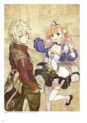 Rule 34 | 1girl, :d, atelier (series), atelier escha &amp; logy, black pants, black skirt, bracelet, breasts, brown eyes, brown hair, choker, cleavage, collarbone, escha malier, fingerless gloves, gloves, green eyes, grey gloves, hair between eyes, hair ornament, hidari, highres, holding, holding sword, holding weapon, jewelry, layered skirt, leg up, logix ficsario, long hair, looking at viewer, medium breasts, open mouth, outstretched arm, pants, silver hair, skirt, smile, standing, sword, thighhighs, twintails, weapon, white thighhighs, zettai ryouiki