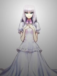 Rule 34 | 10s, 1girl, blue eyes, collar, dress, frilled dress, frilled sleeves, frills, girls und panzer, grey background, grey hair, hair between eyes, hands on own chest, itsumi erika, long hair, looking at viewer, puffy sleeves, shinmai (kyata), short sleeves, simple background, smile, solo, standing, tsurime, white background, white dress