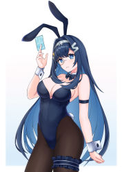 Rule 34 | 1girl, absurdres, animal ears, blue eyes, blue hair, breasts, card, cleavage, colored inner hair, dark blue hair, detached collar, frills, goldred, highres, holding, holding card, hololive, hololive china, large breasts, leotard, light blue hair, long hair, looking at viewer, monocle, multicolored hair, pantyhose, parted lips, playboy bunny, rabbit ears, rosalyn (hololive), silver hairband, solo, thigh strap, very long hair, virtual youtuber, wrist cuffs