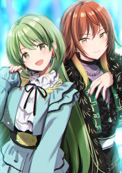 Rule 34 | 2girls, :d, aketa mikoto, azuma yuki, black jacket, black skirt, blue jacket, blue skirt, brown eyes, brown hair, closed mouth, earrings, gradient hair, green eyes, green hair, green nails, hand up, head tilt, highres, idolmaster, idolmaster shiny colors, jacket, jewelry, layered skirt, long hair, long sleeves, looking at viewer, multicolored hair, multicolored nails, multiple girls, nail polish, nanakusa nichika, open clothes, open jacket, open mouth, purple nails, red nails, shirt, skirt, sleeves past wrists, smile, very long hair, white shirt