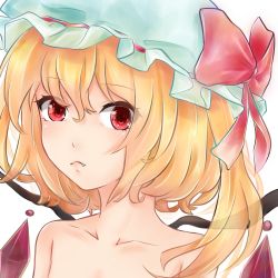 Rule 34 | 1girl, bad id, bad pixiv id, blonde hair, collarbone, fang, female focus, flandre scarlet, frown, haakun, hat, hat ribbon, highres, lips, looking at viewer, mob cap, red eyes, ribbon, short hair, side ponytail, simple background, solo, topless frame, touhou, upper body, white background, wings