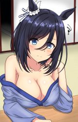 Rule 34 | 1girl, absurdres, black hair, blue eyes, blush, breast rest, breasts, cleavage, commentary request, eishin flash (umamusume), elbow rest, hair between eyes, hair ornament, hair scrunchie, highres, horse girl, japanese clothes, kimono, large breasts, leaning on table, off shoulder, pout, scrunchie, short hair, shouji, sliding doors, solo, souga (crht7323), squiggle, table, umamusume, upper body