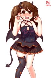 Rule 34 | 1girl, alternate costume, artist logo, asymmetrical legwear, bat wings, black panties, black skirt, black thighhighs, blush, brown eyes, brown hair, clothes writing, commentary request, cosplay, curled fingers, dated, demon horns, demon tail, demon wings, english text, fang, flat chest, frilled skirt, frills, grecale (kancolle), grecale (kancolle) (cosplay), halloween costume, highres, horns, kanon (kurogane knights), kantai collection, long hair, nose blush, open mouth, panties, ryuujou (kancolle), see-through, simple background, single thighhigh, skin fang, skirt, solo, tail, tank top, thighhighs, twintails, underwear, uneven legwear, white background, wings