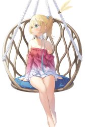 Rule 34 | 1girl, absurdres, bare shoulders, barefoot, blonde hair, blush, bow, breasts, choker, collarbone, commentary request, detached sleeves, dress, green eyes, hair ornament, hanging chair, highres, kimyo, long hair, long sleeves, original, pink dress, pleated dress, ponytail, ribbon choker, sitting, small breasts, smile, solo, two-tone dress, white background, white bow, white choker, white dress