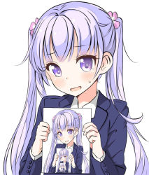 Rule 34 | 1girl, aoba kawaii, bad id, bad pixiv id, blue jacket, hair ornament, holding, jacket, long hair, new game!, open mouth, purple eyes, recursion, shirt, silver hair, simple background, solo, suzukaze aoba, sweatdrop, twintails, upper body, very long hair, white background, white shirt