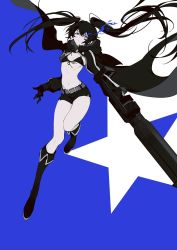 Rule 34 | 1girl, arm cannon, bikini, bikini top only, black cape, black footwear, black hair, black rock shooter, black rock shooter (character), black shorts, blue background, blue eyes, boots, cape, closed mouth, flaming eye, full body, highres, long hair, looking at viewer, midriff, multicolored background, navel, pale skin, scar, scar on stomach, shorts, solo, star (symbol), swimsuit, ttk211, twintails, two-tone background, uneven twintails, weapon, white background