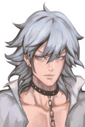 Rule 34 | 1boy, absurdres, bad id, bad pixiv id, blue eyes, bowen niao, chain, collar, collarbone, earrings, grey hair, highres, jewelry, male focus, open clothes, open shirt, original, portrait, shirt, solo