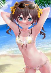 Rule 34 | 1girl, absurdres, ahoge, armpits, arms behind head, arms up, bare shoulders, beach, bikini, blue eyes, breasts, brown hair, cat earrings, collarbone, commentary request, cowboy shot, earrings, eyewear on head, flower, front-tie top, hair between eyes, hair flower, hair ornament, highres, hololive, huge filesize, jewelry, licking lips, looking at viewer, natsuiro matsuri, natsuiro matsuri (summer 2020), navel, ocean, ontake2009, palm leaf, sand, short hair, small breasts, solo, stomach, sunflower, sunflower hair ornament, sunglasses, swimsuit, tongue, tongue out, twintails, virtual youtuber, wet