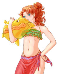 Rule 34 | 1girl, arinsu (kodamamaimai), breasts, closed mouth, curly hair, dragon quest, dragon quest vii, green eyes, high ponytail, long hair, looking at viewer, maribel (dq7), navel, orange hair, simple background, small breasts, smile, solo, swimsuit, white background