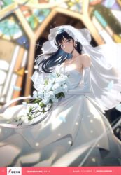 Rule 34 | 1girl, animal ears, bare shoulders, black hair, blue eyes, blush, bouquet, bridal veil, dress, elbow gloves, floating hair, flower, gloves, highres, holding, holding bouquet, ishida kana, jewelry, light particles, long hair, looking at viewer, mahouka koukou no rettousei, necklace, official art, parted lips, petals, rose, shiba miyuki, solo, strapless, strapless dress, veil, wedding dress, white dress, white flower, white gloves, white rose, white veil