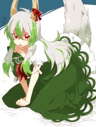 Rule 34 | 1girl, 6 (yuchae), angry, bow, collarbone, dress, ex-keine, fang, green dress, green hair, highres, horn ornament, horn ribbon, horns, kamishirasawa keine, kneeling, long hair, looking at viewer, multicolored hair, off shoulder, open mouth, puffy sleeves, red eyes, ribbon, short sleeves, silver hair, simple background, solo, tail, touhou, two-tone hair