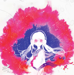 Rule 34 | 1girl, abstract, colored skin, commentary request, hatsune miku, headphones, long hair, looking at viewer, monochrome, necktie, pink eyes, pink theme, purple theme, red necktie, school uniform, serafuku, solo, song name, twintails, upper body, vocaloid, white hair, white skin, white theme, yoshida yoshitsugi