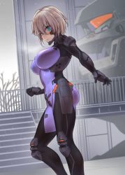 Rule 34 | 1girl, bare tree, blonde hair, blue eyes, bodysuit, breasts, clenched hand, commission, covered navel, fortified suit, highres, impossible bodysuit, impossible clothes, large breasts, looking at viewer, makishima azusa, mecha, mig-23 cheburaskha (muv-luv), muv-luv, muv-luv alternative, open hand, original, parted lips, pilot suit, purple eyes, robot, schwarzesmarken, science fiction, short hair, skeb commission, skin tight, tactical surface fighter, tree, visor