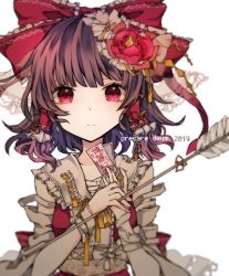 Rule 34 | 1girl, arrow (projectile), bandaged arm, bandages, belt, bow, brown hair, center frills, closed mouth, commentary, detached sleeves, expressionless, flower, frilled bow, frilled shirt collar, frills, gohei, hair flower, hair ornament, hair tubes, hakurei reimu, holding, joou heika (precare deum), latin text, looking at viewer, medium hair, ofuda, own hands together, red bow, red eyes, red shirt, ribbon, rose, shirt, sidelocks, simple background, solo, touhou, translated, white background, white belt, yellow neckwear, yellow ribbon