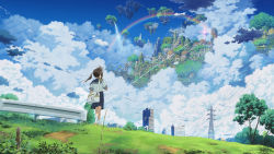 Rule 34 | 1girl, bag, brown hair, cityscape, cloud, contrail, day, floating castle, floating island, from behind, grass, isai shizuka, long hair, original, power lines, rainbow, scenery, school uniform, serafuku, skirt, sky, solo, tree, twintails, water, waterfall