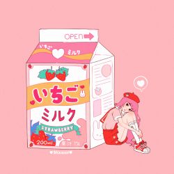Rule 34 | 1girl, artist name, black eyes, blush, english text, food, fruit, full body, hat, heart, knees up, long hair, looking at viewer, milk, milk carton, original, oversized object, pink background, pink hair, pink shirt, pleated skirt, rabbit, red footwear, red hat, red skirt, shirt, shoes, short sleeves, simple background, sitting, skirt, solo, speech bubble, strawberry, translation request, vicki tsai, white legwear
