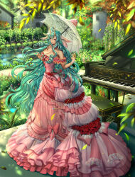 Rule 34 | 1girl, aqua hair, bow, bracelet, breasts, cleavage, closed mouth, commentary, commission, dappled sunlight, dress, dress bow, dress flower, english commentary, falling leaves, fins, flower, frilled dress, frills, full body, garden, glint, gown, grand piano, grass, hair ornament, head fins, highres, holding, holding pocket watch, holding umbrella, horn ornament, horns, instrument, jewelry, lace, lace-trimmed dress, lace trim, large breasts, layered dress, leaf, light smile, lips, long dress, long hair, looking at viewer, looking to the side, off-shoulder dress, off shoulder, orange eyes, original, parasol, piano, pink bow, pink dress, pink flower, pink nails, plant, pocket watch, pond, purple flower, red bow, red flower, red rose, ring, ringlets, rose, sammi hisame, solo, standing, star (symbol), star hair ornament, sunlight, tree, umbrella, watch, wavy hair
