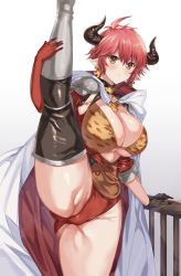Rule 34 | 1girl, animal ears, arm support, armor, bikini, bikini top only, black gloves, boots, breasts, brown eyes, cape, cleavage, commentary request, cow ears, cow girl, cow horns, cross, cross earrings, draph, earrings, eno yukimi, gloves, granblue fantasy, hair between eyes, highres, horns, jewelry, large breasts, leg up, patterned clothing, red gloves, red hair, short hair, split, spread legs, standing, standing on one leg, standing split, sturm (granblue fantasy), swimsuit, underboob, white background, white cape
