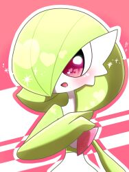 Rule 34 | 1girl, arm at side, artist name, blush, bob cut, colored skin, creatures (company), female focus, flat chest, game freak, gardevoir, gen 3 pokemon, green hair, green skin, hair over one eye, hand up, happy, heart, heart in eye, highres, looking to the side, multicolored skin, nintendo, one eye covered, open mouth, outline, pokemon, pokemon (creature), red background, red eyes, red outline, short hair, signature, smile, solo, sparkle, standing, symbol in eye, twitter username, two-tone background, two-tone skin, upper body, white outline, white skin, yuri (fl0werspace)