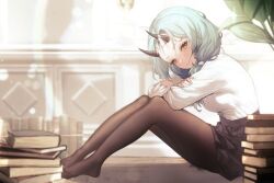 Rule 34 | 1girl, aqua eyes, aqua hair, aqua nails, black pantyhose, black skirt, blurry, blurry background, blush, book, breasts, closed mouth, commentary, crossed arms, demon girl, demon horns, eyelashes, from side, full body, heoningu, highres, horn ornament, horn ribbon, horns, indoors, knees up, leaning forward, long hair, long sleeves, looking at viewer, low twintails, medium breasts, miniskirt, nail polish, no shoes, original, pantyhose, pleated skirt, rainbow, ribbon, shirt, short eyebrows, skirt, smile, solo, split mouth, symbol-only commentary, tsurime, twintails, white ribbon, white shirt