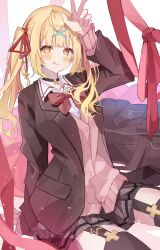 Rule 34 | 1girl, :q, absurdres, arm behind back, bag, black jacket, black skirt, black thighhighs, blonde hair, blush, bow, bowtie, cardigan, closed mouth, collared shirt, cowboy shot, garter straps, hair ornament, hair ribbon, hand on own head, hand up, highres, hoshikawa sara, hoshikawa sara (4th costume), jacket, long bangs, looking at viewer, nijisanji, official alternate costume, open clothes, open jacket, orange eyes, pink cardigan, plaid, plaid skirt, pleated skirt, red bow, red bowtie, red ribbon, renju (qxrnj358), ribbon, school bag, school uniform, shirt, sidelocks, sitting, skirt, smile, solo, thighhighs, tongue, tongue out, twintails, w, white shirt, x hair ornament