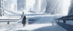 Rule 34 | 1girl, absurdres, asteroid ill, black robe, building, debris, footprints, from behind, guard rail, highres, ice, iz (asteroid ill), light particles, long hair, long skirt, minimap, original, post-apocalypse, railing, robe, ruins, scenery, skirt, snow, snowing, solo, very long hair, walking, white hair, winter