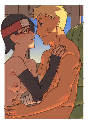 Rule 34 | 1boy, 1girl, ac120, age difference, bandaged arm, bandages, black gloves, black hair, blonde hair, blue eyes, boruto: naruto next generations, breasts, chair, closed mouth, collarbone, elbow gloves, facial mark, fingerless gloves, forehead protector, from side, glasses, gloves, hairband, hand on another&#039;s chest, highres, looking at another, naruto (series), nipples, nude, office chair, red-framed eyewear, red hairband, short hair, sitting, small breasts, swivel chair, uchiha sarada, upper body, uzumaki naruto, whisker markings