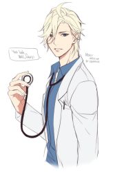 Rule 34 | 1boy, ahoge, artist name, blonde hair, blue eyes, blue shirt, character name, collarbone, collared shirt, doctor, dress shirt, english text, gearous, genderswap, genderswap (ftm), hand up, holding, lab coat, long sleeves, looking at viewer, male focus, mercy (overwatch), open mouth, overwatch, overwatch 1, pencil, pocket, shirt, short hair, simple background, solo, speech bubble, stethoscope, talking, unbuttoned, upper body, white background