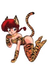 Rule 34 | 1980s (style), 1990s (style), 1girl, :o, animal ears, animal print, ass, bare shoulders, bell, black eyes, blue eyes, braid, braided ponytail, breasts, cleavage, crossed ankles, fake animal ears, fake tail, full body, gloves, gradient background, highleg, highleg leotard, jingle bell, leotard, long hair, looking at viewer, looking to the side, official art, oldschool, open mouth, paw pose, ranma-chan, ranma 1/2, red hair, retro artstyle, saotome ranma, scan, short hair, simple background, single braid, solo, strapless, strapless leotard, striped clothes, striped thighhighs, tail, takahashi rumiko, thighhighs, tiger ears, tiger girl, tiger print, tiger stripes, tiger tail, white background