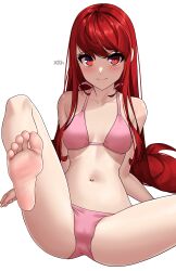 Rule 34 | 1girl, absurdres, artist name, bare legs, barefoot, bikini, blush, closed mouth, collarbone, feet, foot out of frame, foot up, halterneck, highres, leg up, long hair, looking at viewer, navel, persona, persona 5, pink bikini, red eyes, red hair, sitting, smile, soles, spread legs, swimsuit, thighs, toes, x xith x, yoshizawa kasumi