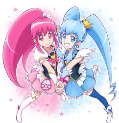 Rule 34 | 10s, 2girls, aino megumi, blue dress, blue eyes, blue hair, blue skirt, blue thighhighs, boots, bow, bowtie, brooch, chocokin, crown, cure lovely, cure princess, dress, earrings, frills, full body, grin, happinesscharge precure!, heart, heart brooch, highres, holding hands, jewelry, long hair, magical girl, mini crown, multiple girls, pink bow, pink dress, pink eyes, pink hair, pink skirt, ponytail, precure, puffy sleeves, shirayuki hime, shoes, sidelocks, skirt, smile, thigh boots, thighhighs, twintails, white legwear, wide ponytail, wrist cuffs