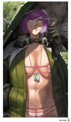 Rule 34 | 1girl, absurdres, bikini, bloody panther (last origin), blue eyes, breasts, cigarette, coat, commentary, dog tags, gloves, hand in pocket, hat, highres, large breasts, last origin, looking up, navel piercing, piercing, purple hair, shadow, smoking, solo, sukai, swimsuit