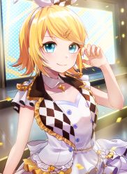 Rule 34 | 1girl, absurdres, arm up, blonde hair, blue eyes, breasts, collarbone, confetti, detached collar, dress, frilled dress, frills, hair ornament, hair ribbon, hairclip, highres, kagamine rin, lights, more more jump! rin, nail polish, project sekai, ribbon, screen, short hair, sidelocks, small breasts, smile, solo, soramame pikuto, stage, stairs, swept bangs, upper body, vocaloid, white dress, white ribbon, yellow nails