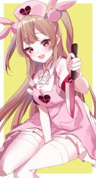 Rule 34 | 1girl, apron, bad id, bad twitter id, between legs, border, brown hair, collared shirt, fang, female focus, hair ornament, hand between legs, hat, highres, holding, holding knife, knife, long hair, looking at viewer, misumi (macaroni), natori sana, nurse, nurse cap, open mouth, pink apron, pink hat, pleated skirt, rabbit hair ornament, red eyes, sana channel, shirt, short sleeves, simple background, sitting, skirt, smile, solo, strap slip, thighhighs, two side up, virtual youtuber, white border, white shirt, white thighhighs, yellow background
