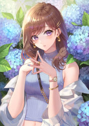 Rule 34 | 1girl, bangle, bare shoulders, blue flower, blue shirt, bracelet, brown hair, crop top, earrings, flower, hair ornament, hairclip, highres, hydrangea, jacket, jewelry, long hair, looking at viewer, midriff, nail polish, navel, off shoulder, okuma mai, open clothes, open jacket, original, own hands together, parted lips, purple eyes, ribbed shirt, shirt, sleeveless, sleeveless shirt, solo, steepled fingers, upper body, watch, white jacket, wristwatch