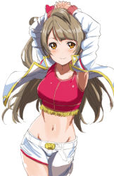 Rule 34 | 10s, 1girl, arms up, asymmetrical clothes, blush, bow, breasts, brown eyes, brown hair, fringe trim, hair bow, jacket, long hair, looking at viewer, love live!, love live! school idol festival, love live! school idol project, medium breasts, midriff, minami kotori, navel, open clothes, open jacket, side ponytail, smile, solo, tank top, tetsujin momoko