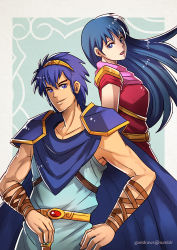 Rule 34 | 1boy, 1girl, alternate costume, armor, blue eyes, blue hair, breastplate, caeda (fire emblem), cape, fire emblem, fire emblem: mystery of the emblem, fire emblem: shadow dragon and the blade of light, gzei, long hair, looking at viewer, marth (fire emblem), nintendo, pauldrons, shoulder armor, smile