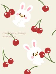 Rule 34 | :3, artist name, rabbit, character name, cherry, fluffy, food, fruit, full body, holding, holding food, holding fruit, no humans, simple background, tsujinatsumi